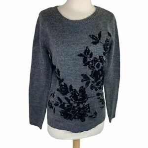 M&Co Sweater 10 Grey Floral Beaded Sequin Embroidered Crew‎ Neck Pullover